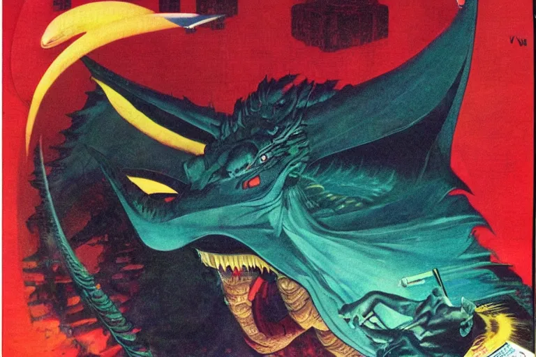 Image similar to 1979 OMNI Magazine Cover of a dragon smiling at the camera in neo-tokyo style by Vincent Di Fate