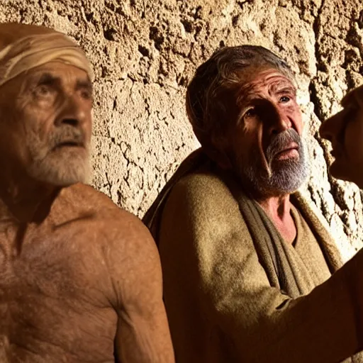 Image similar to film still of 80 year old stunned Mediterranean skinned man in ancient Canaanite looking up at the nightime sky, star filled background, Biblical epic movie