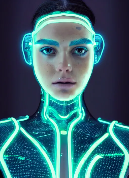 Image similar to a beautiful female humanoid with freckles cheeks, long eyelashes, cyber neon lighting, futurism, intricate futuristic jewelry, futuristic glossy latex suit, transparent plastic sleeveless vest, profile posing, hyper photorealistic, crispy quality, digital photography, trending in artstation, trending in pinterest, cinematic, 4 k ultra hd, art by pascal blanche, art by greg rutkowski,