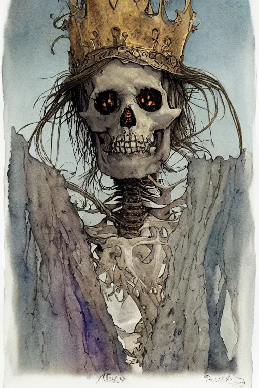 Image similar to a simple and atmospheric watercolour portrait of a skeleton king on halloween, very muted colors, by rebecca guay, michael kaluta, charles vess and jean moebius giraud