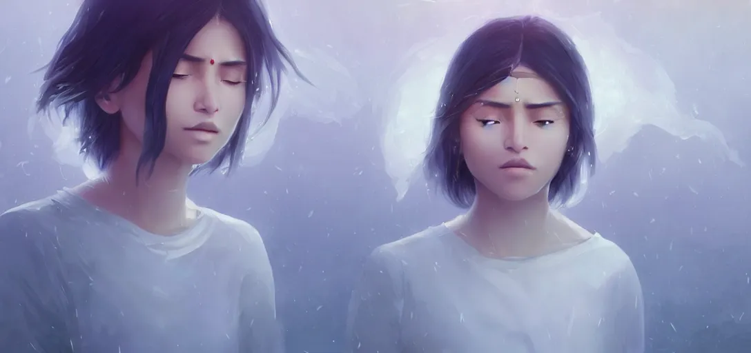 Prompt: Young Himalayan woman floating psychically confused | night time scene, plain walls |light hearted, white eyes, long messy hair | gentle lighting, futuristic, dim lighting, digital art by Makoto Shinkai ilya kuvshinov and Wojtek Fus, digital art, concept art,