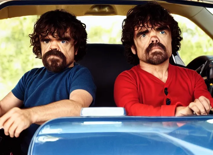 Prompt: peter dinklage and burt reynolds driving a little tikes cozy coupe, movie still, from the new smokey and the bandit, 8 k, realistic