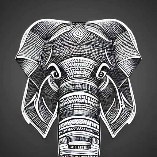 Image similar to a stylized head of an elephant, geometric patterns, front, black background, unreal engine, concept art, album cover