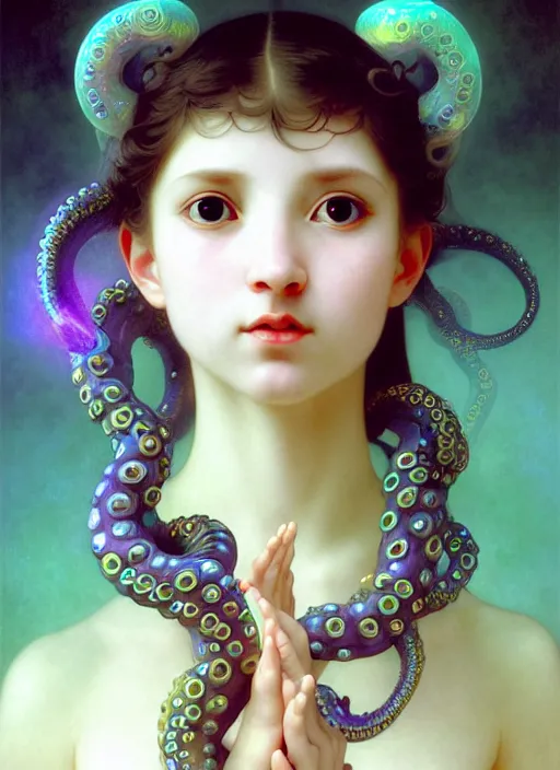 Prompt: A full shot of a cute magical monster girl wearing a dress made of opals and tentacles. Subsurface Scattering. Caustics. Prismatic light. defined facial features, symmetrical facial features. Opalescent surface. Soft Lighting. beautiful lighting. By Giger and Ruan Jia and Artgerm and WLOP and William-Adolphe Bouguereau and Loish and Lisa Frank. trending on artstation, featured on pixiv, award winning, sharp, details, intricate details, realistic, Hyper-detailed, HD, HDR, 4K, 8K.