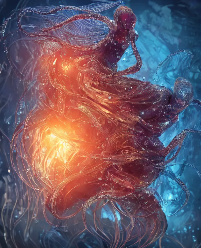 Image similar to close-up macro portrait of the face of a beautiful princess, epic angle and pose, symmetrical artwork, 3d with depth of field, blurred background, cybernetic jellyfish phoenix bird, translucent, nautilus, energy flows of water and fire. a highly detailed epic cinematic concept art CG render. made in Maya, Blender and Photoshop, octane render, excellent composition, cinematic dystopian brutalist atmosphere, dynamic dramatic cinematic lighting, aesthetic, very inspirational, arthouse. y Greg Rutkowski, Ilya Kuvshinov, WLOP, Stanley Artgerm Lau, Ruan Jia and Fenghua Zhong