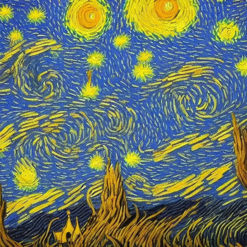 Image similar to An oil painting of the Indian god Shiva in the style of Starry Night by Vincent van Gogh