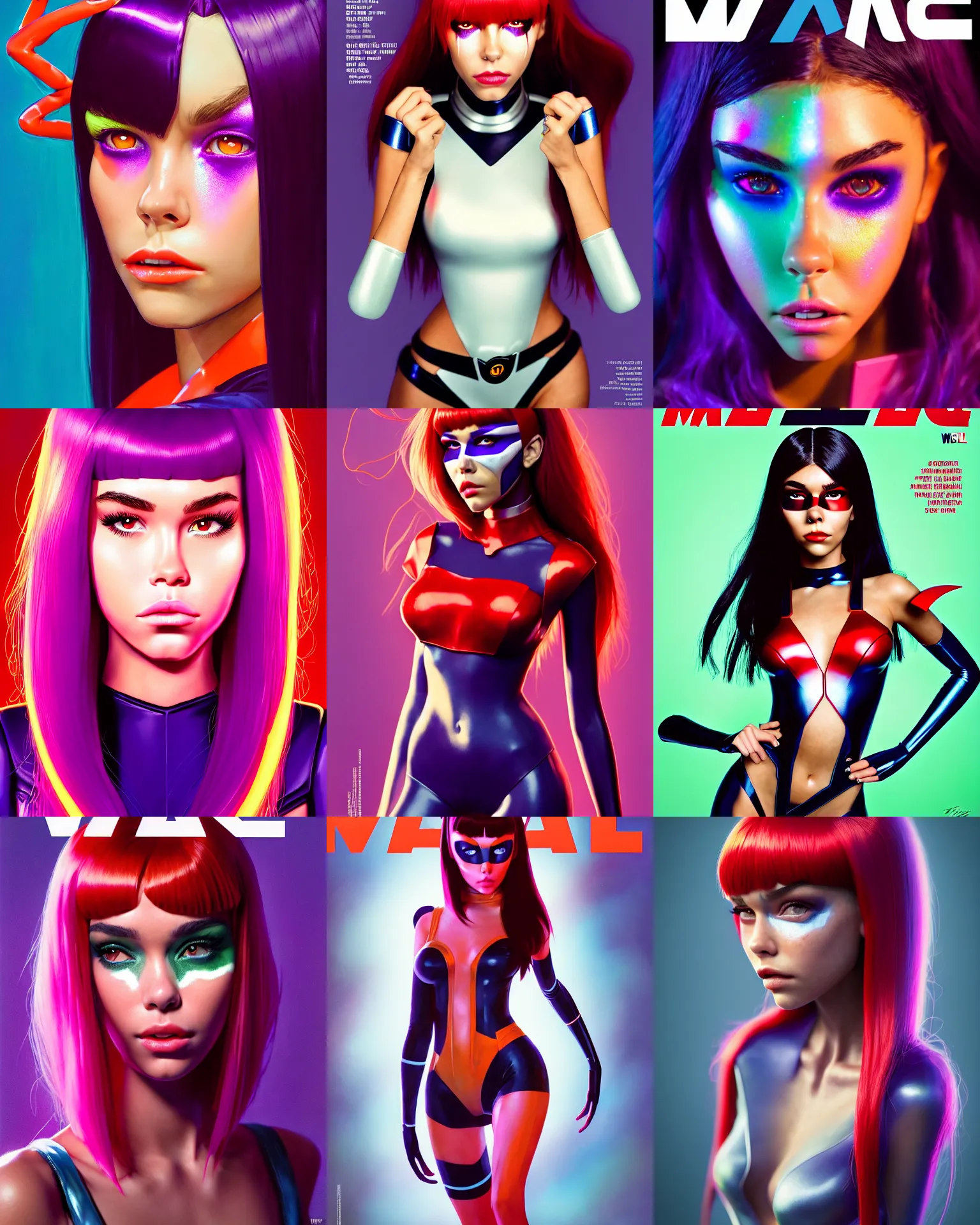Prompt: magazine cover portrait photo of madison beer : : college woman : : as marvel hero catgirl leeloo woman by weta : : by greg rutkowski, wlop, rossdraws, artgerm, pixar, marvel, colorful rave makeup, leeloo, unreal engine, glossy skin, pearlescent, shiny, 4 k, hdr, bright morning, : :
