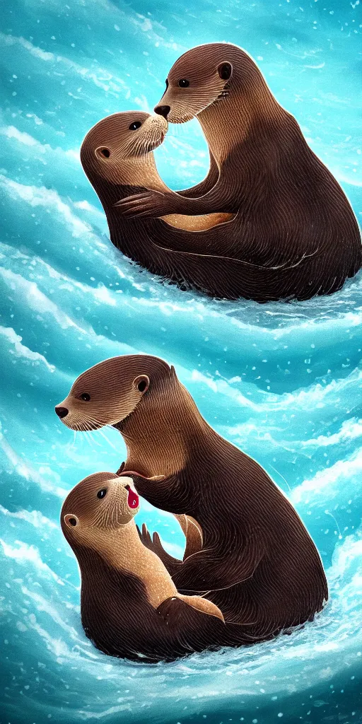 Image similar to An adorable Otter saving his wife from the whirlpool, in love holding hands side by side, in the middle of a super scary storm at sea, thunder, lightning, waves, fantasy illustration, cinematic, award winning, romantic, detailed trending on artstation, masterpiece