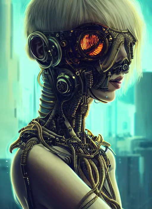 Image similar to soft lustrous hard tech ivory biotech raver gutter punk cyborg bioweapon, golden ratio, details, sci - fi, dark fantasy, cyberpunk, intricate, decadent, ornate, highly detailed, digital painting, octane render, 8 k, artstation, concept art, smooth, sharp focus, illustration, art by artgerm, loish, wlop