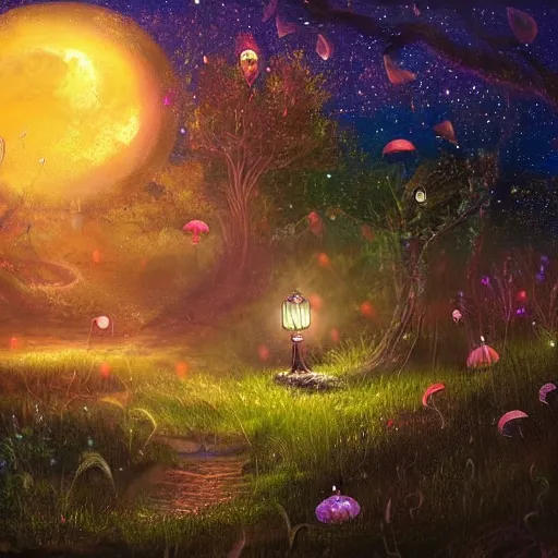 Image similar to attractive, fairy, in the night, fantasy, crescent moon in background, luminous, toadstools, fireflies, fantasy, highly detailed painting, mid shot, 8 k realistic, fantasy, mist, sharp focus