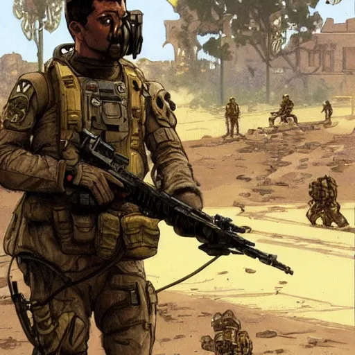 Prompt: Hector. USN special forces recon operator in near future gear, cybernetic enhancement, on patrol in the Australian neutral zone, deserted city landscape. 2087. Concept art by James Gurney and Alphonso Mucha