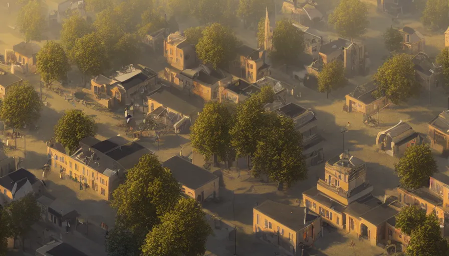 Prompt: midwest town with church, square, trees, sunny day, volumetric light, people on streets, hyperdetailed, artstation, cgsociety, 8 k