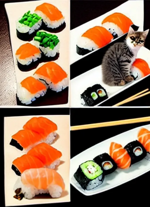 Image similar to clear photorealistic picture of adorable cats made out of sushi