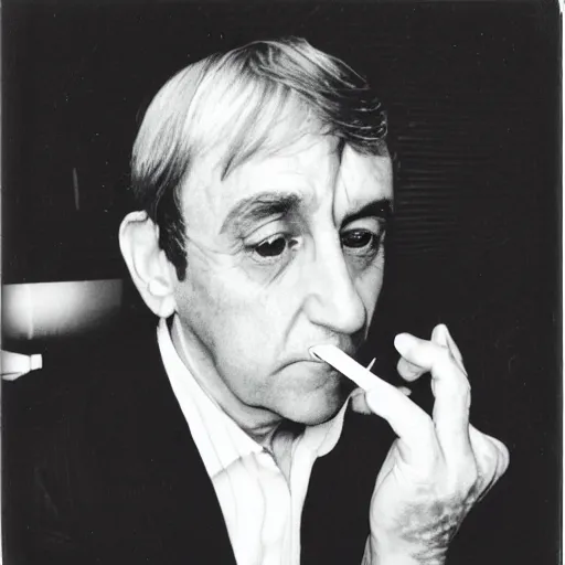 Prompt: Polaroid of a middle-aged man with a moptop Beatle haircut and a crooked nose smoking a cigarette