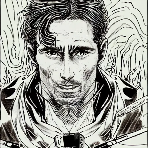 Image similar to pen and ink!!!! attractive 22 year old cyborg Frank Zappa x Ryan Gosling golden Vagabond!!!! magic swordsman glides through a beautiful battlefield magic the gathering dramatic esoteric!!!!!! pen and ink!!!!! illustrated in high detail!!!!!!!! by Hiroya Oku!!!!!!!!! Written by Wes Anderson graphic novel published on shonen jump MTG!!! 2049 award winning!!!!