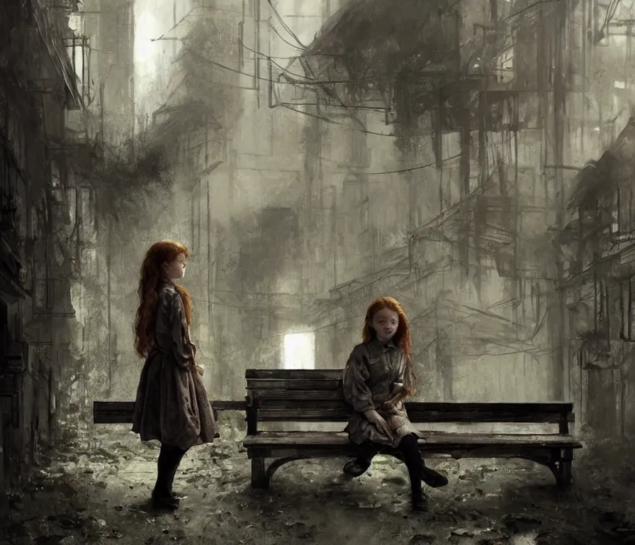 Image similar to sadie sink in oversized school uniform. waits on a bench | a bench along a wall. next to a door. in an office building. concept art for scifi dystopian film. by nikolay makovsky, bob byerley, wadim kashin, andrea kowch. cinematic moody atmosphere, detailed and intricate, perfect anatomy