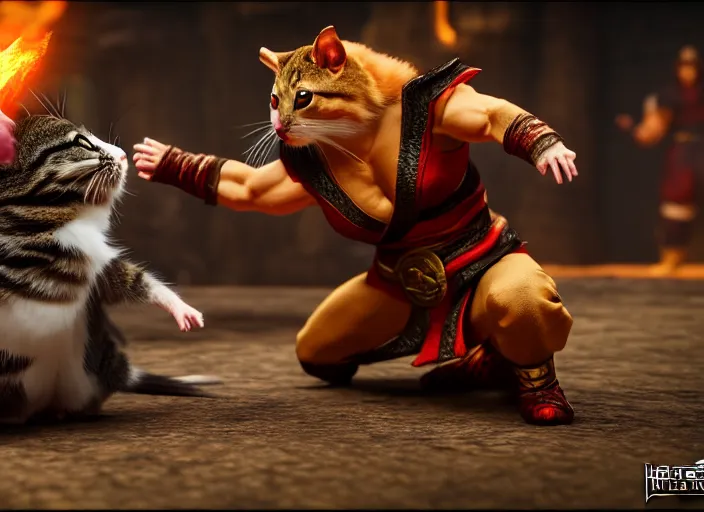 Prompt: hamster fights a cat in mortal kombat on the background of a cheering shao khan. fantasy magic style. highly detailed 8 k. intricate. lifelike. soft light. sony a 7 r iv 5 5 mm. unreal engine with nanite and path tracing