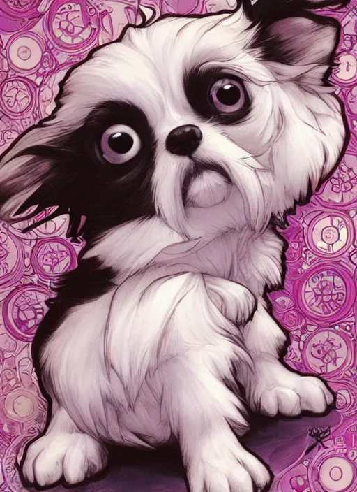 Image similar to the cutest lil puppy you ever did see takeshi obata, art by artgerm and and alphonse mucha, art by loish, wlop