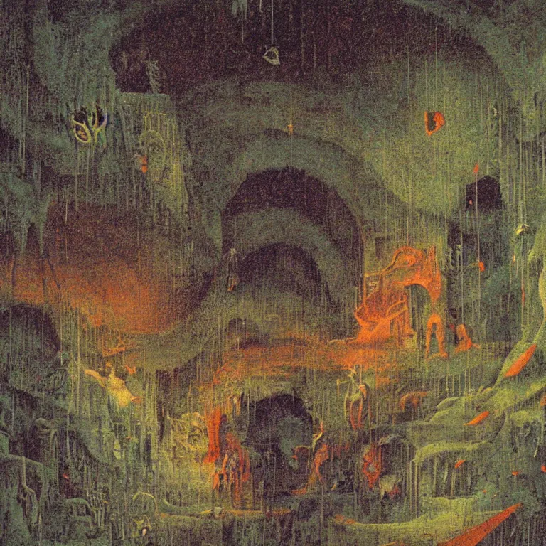 Image similar to a misty sunday morning in the underworld, by mordecai ardon and wayne barlowe (art nouveau diorama)