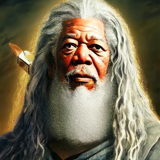 Prompt: morgan freeman starring as gandalf in lord of the rings, matte painting, vibrant, colorful, 4 k, artstation, cgsociety