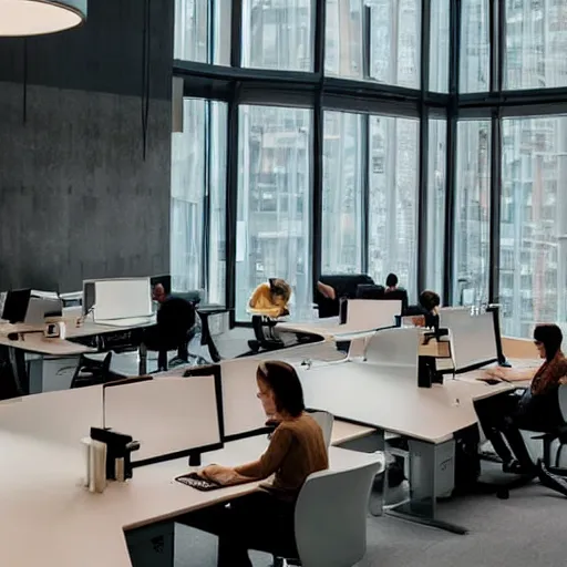 Prompt: a long shot, color studio photographic of a well disigned futuristic lookong office space with several busy staff working on their laptops, dramatic backlighting, photo from business insider 2 0 2 2, ultra realistic