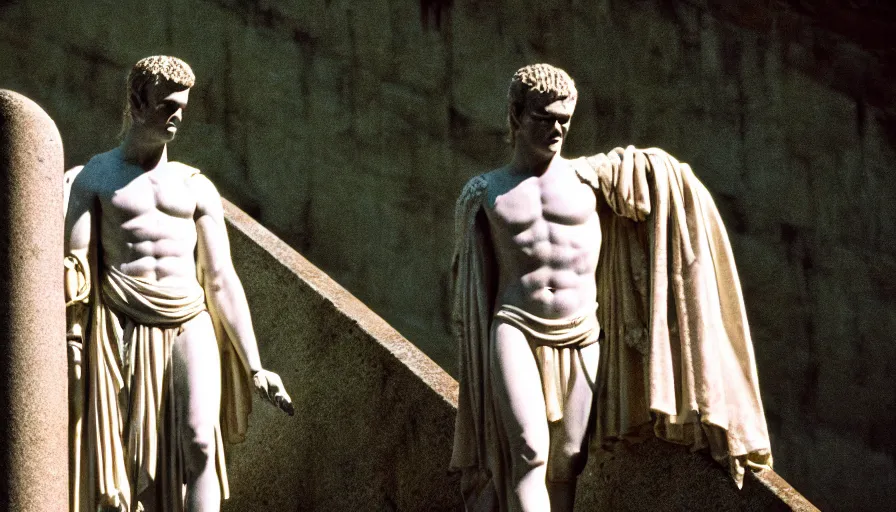 Image similar to 1 9 7 0 s movie still close - up of caligula in a white toga stabbed to death bleeding heavy blood on ancient amphitheater's stairs, cinestill 8 0 0 t 3 5 mm, high quality, heavy grain, high detail, dramatic light, anamorphic, blood