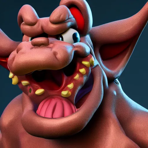 Image similar to disneys goofy demon. eldenring boss, zbrush, arnold render, unrealengine 5, dark souls, horror, extremely detailed