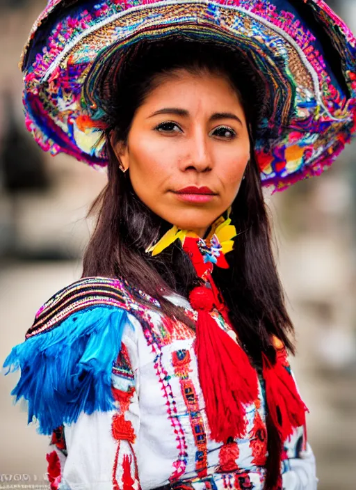 Image similar to color Mid-shot portrait of a beautiful, breathtaking 25-year-old woman from Peru, wearing a traditional outfit, candid street portrait in the style of Mario Testino award winning, Sony a7R