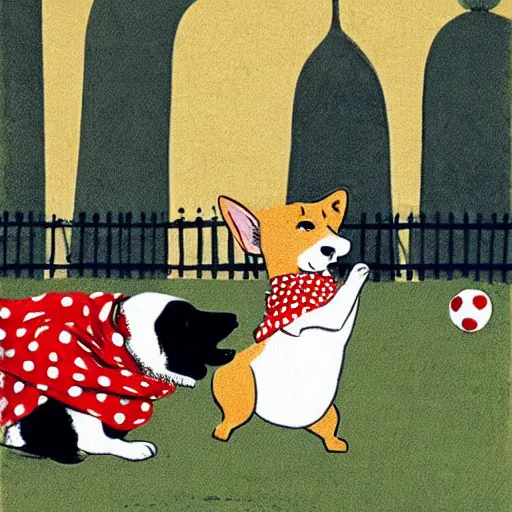 Image similar to book illustration of a french boy on the streets of paris playing football against a corgi, the dog is wearing a polka dot scarf, 1 9 6 6