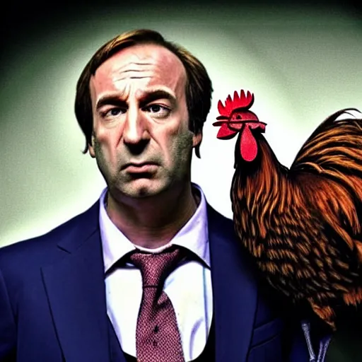 Image similar to saul goodman and a rooster in a medieval torture chamber, saw blades and knives in the background, horror movie, saul goodman face, rooster!!!!, real life photo, highly detailed face