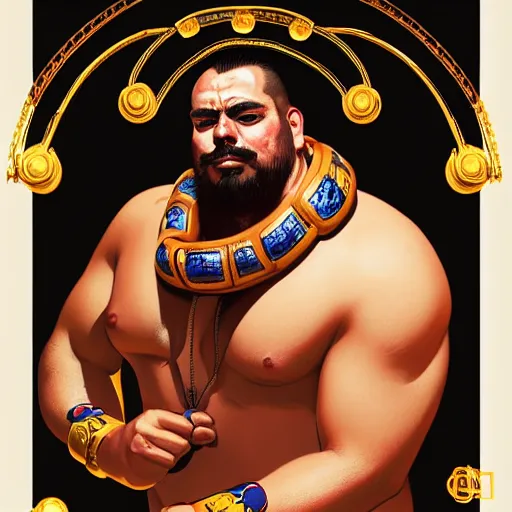 Image similar to portrait of lucha libre dj, muscular, headphones, thick golden ring around the neck, fantasy, intricate, elegant, highly detailed, digital painting, artstation, concept art, smooth, sharp focus, illustration, art by tom of finland and artgerm and greg rutkowski and alphonse mucha