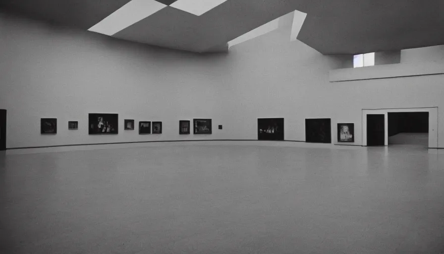 Prompt: 60s movie still of a sovietic stalinist style empty art museum with a soviet congress with yellow wall, fuji neopan, liminal Space style, heavy grain