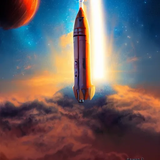 Prompt: Blue V2 rocket in space, tin tin, Orange planet, intricate, SCI-Fi, movie poster, digital art by raphael lacoste