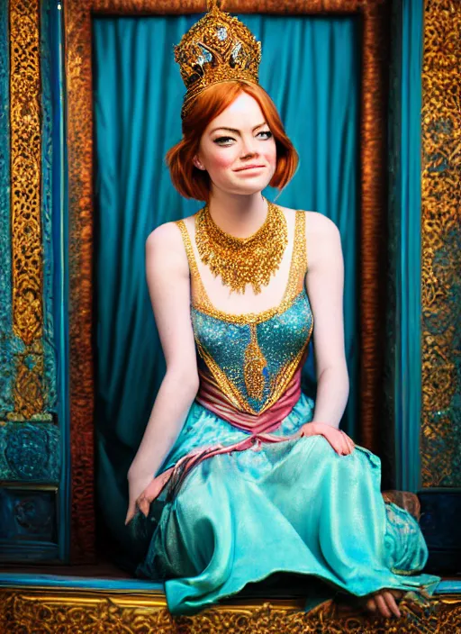 Prompt: portrait of emma stone as princess jasmine in persian palace, by charlotte grimm, natural light, detailed face, beautiful crossed hands,, canon eos c 3 0 0, ƒ 1. 8, 3 5 mm, 8 k, medium - format print, half body shot