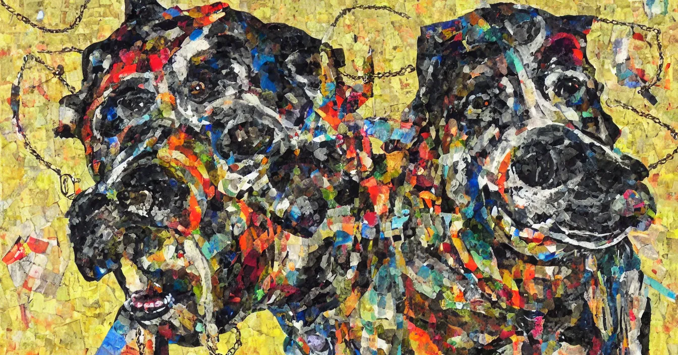 Image similar to mad dog on a chain, collage, acrylic on canvas, expressionism movement, breathtaking detailed, by blake neubert