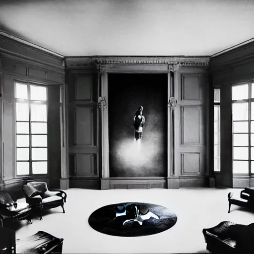 Image similar to Batman standing in giant Italian modern castle living room, clean minimalist design, that is 1300 feet tall, with very tall giant walls filled with modern art paintings, doors that are cosmic portals, photo by Annie Leibovitz