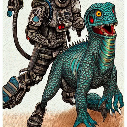 Image similar to intricate detailed color manga style illustration of a cyborg punk street kid with a pet dinosaur, cyberpunk