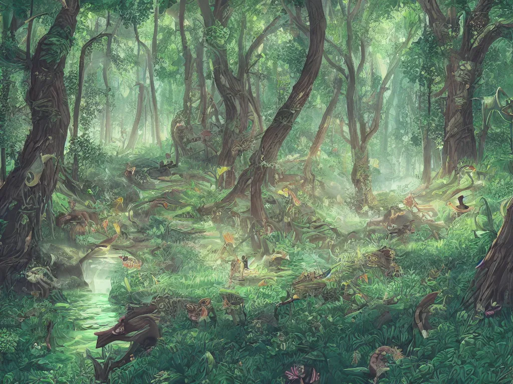 Prompt: a tranquil fantasy forest utopia illustration