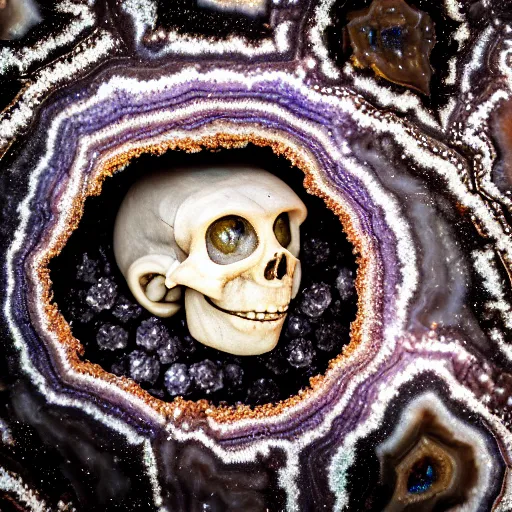 Image similar to photography of a geode with a a small body of an alien skellet inside it