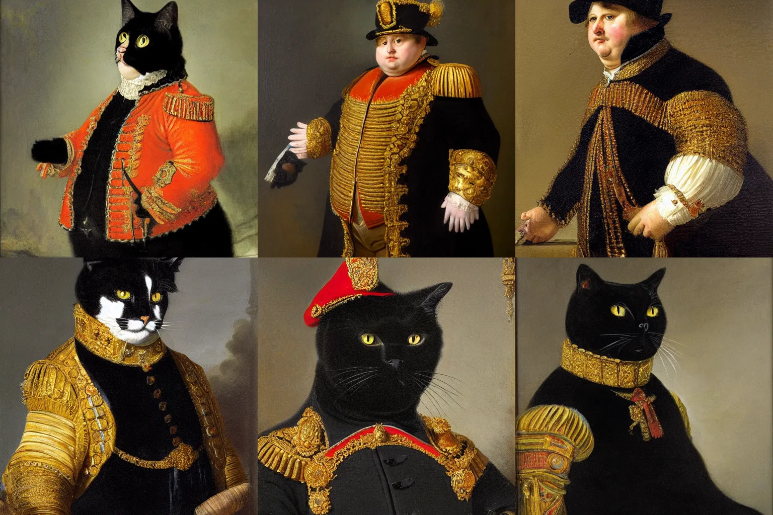 Prompt: oil painting of a fat black cat as emperor napoleon, intricate, by Rembrandt van Rijn