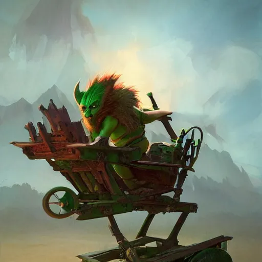 Prompt: chubby fantasy green goblin riding in a rickety wooden cart holding a lance, organic painting, sunny day, matte painting, bold shapes, hard edges, street art, trending on artstation, by huang guangjian, gil elvgren, ruan jia, greg rutkowski, gaston bussiere