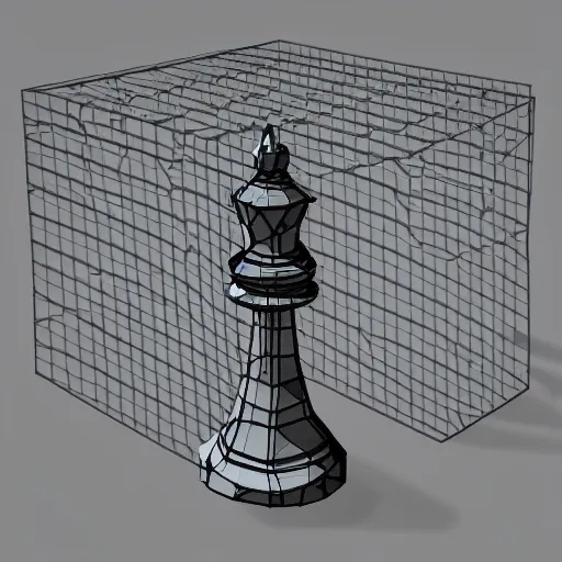 Prompt: chess piece wireframe mesh model, low poly, occult machine, empty room