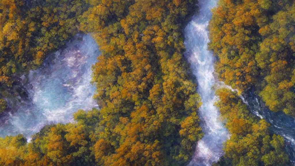 Image similar to The most beautiful panoramic landscape, oil painting, where a giant dreamy waterfall creates a river, the trees around are starting to bloom in a variety of colors, by Greg Rutkowski, aerial view