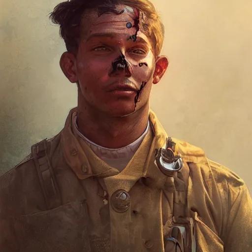 Image similar to portrait of a male firefighter wearing a firefighter suit, bruised, covered in dirt, confident and proud, intricate, headshot, highly detailed, digital painting, artstation, concept art, sharp focus, cinematic lighting, illustration, art by artgerm and greg rutkowski, alphonse mucha, cgsociety