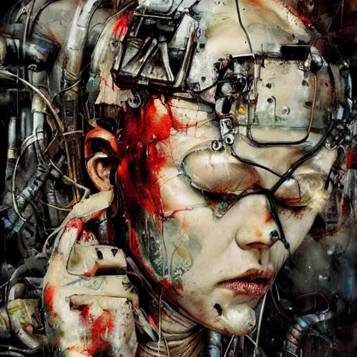 Image similar to mad max wires cybernetic implants, abandoned steelworks, grime and grunge, in the style of adrian ghenie, esao andrews, jenny saville,, surrealism, dark art by james jean, takato yamamoto