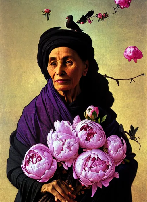 Prompt: many peonies, flower buds, birds on hight detailed background, portrait of a old woman, tuareg, nomads, vultures, dark background, purple colour scheme, full length, masterpiece, dark background, art by caravaggio, alphonse mucha, cinestill, moviestill, bokeh, artstation