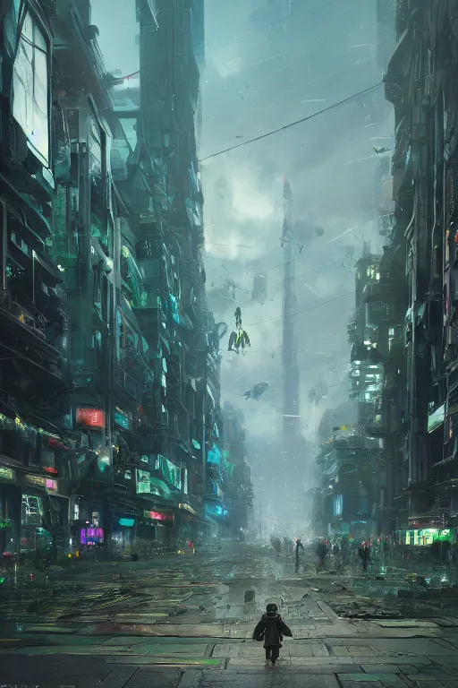 Image similar to a portrait of a small cyborg standing in the middle foreground walking in the street of a great green mechanical city by Greg Rutkowski, Sung Choi, Mitchell Mohrhauser, Maciej Kuciara, Johnson Ting, Maxim Verehin, Peter Konig, final fantasy , mythical, 8k photorealistic, cinematic lighting, HD, high details, atmospheric,