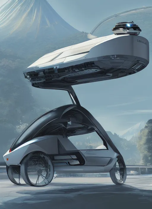 Prompt: a futuristic magical solarpunk tesla cyber truck vehicle hover craft in the future of 2 0 8 9 futuristic version, dieselpunk look, elegant automotive parts shape, aero dynamic, digital art. trending on artstation. cyberpunk look hovering by mount fuji early in the morning with a few blossom trees around, high quality photo