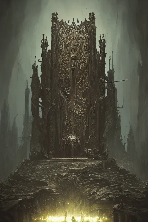 Image similar to Throne of the Shadow King, high fantasy, gothic, skulls, malice, dark atmosphere, detailed, cinematic, ornate, intricate carvings, cinematic lighting, artstation, Greg Rutkowski, Marc Simonetti, H R Giger, octane render, 8k