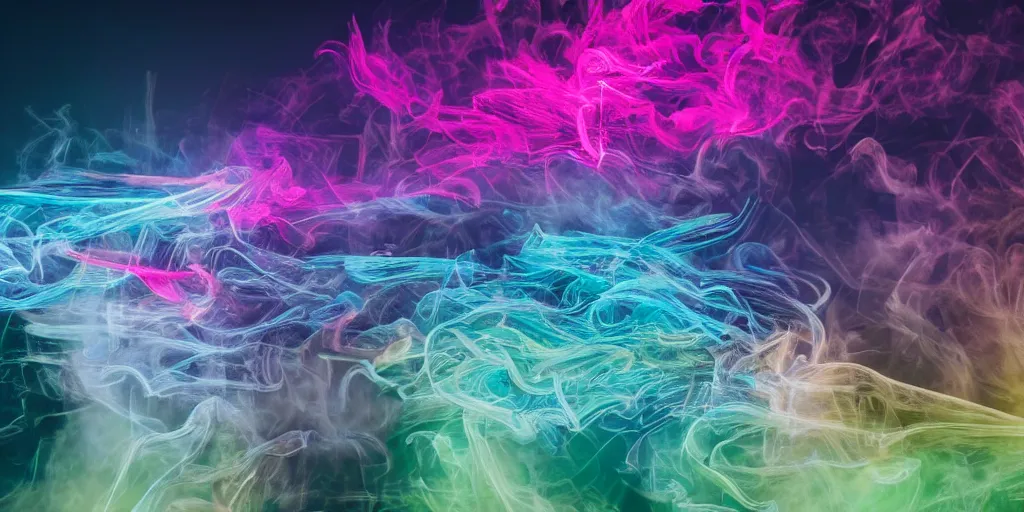 Prompt: dimly lit muted multi-color smoke (blues, greens), muted neon smoke, smoke vaguely reminiscent of fierce flying dragons with large outstretched wings flying, a large city park landscape, photographic, stunning, inspiring, super high energy, swift, fast, fleeting, 8K, 4K, UE5